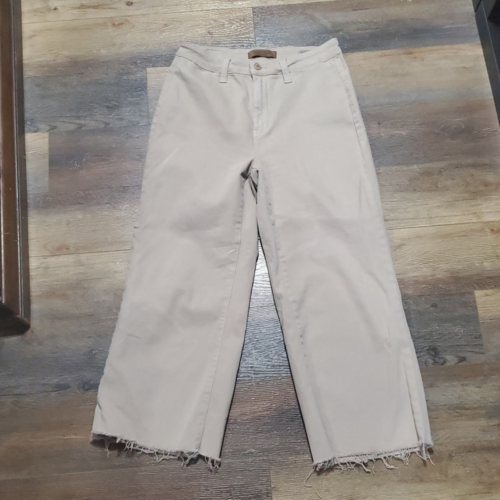 Judy blue tan high waisted cropped wide leg raw hem khaki jeans
